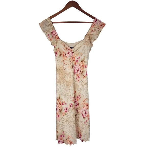 Vintage 90s Beige Tan Floral Print Bias Cut Cap Sleeve Dress Size 3/4 or XS - Picture 1 of 5